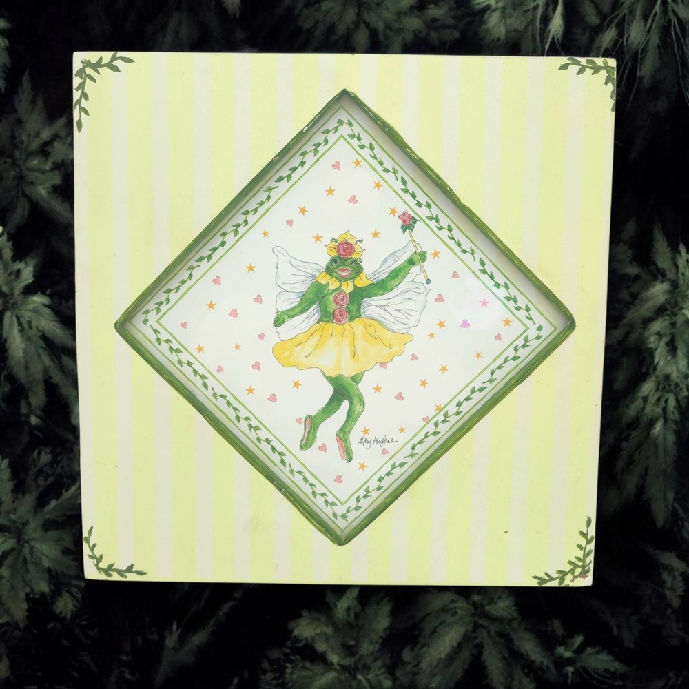 Mary Hughes Frog Fairy Wall‎ Art 10x10 Wood Green Whimsical Cottagecore Decor